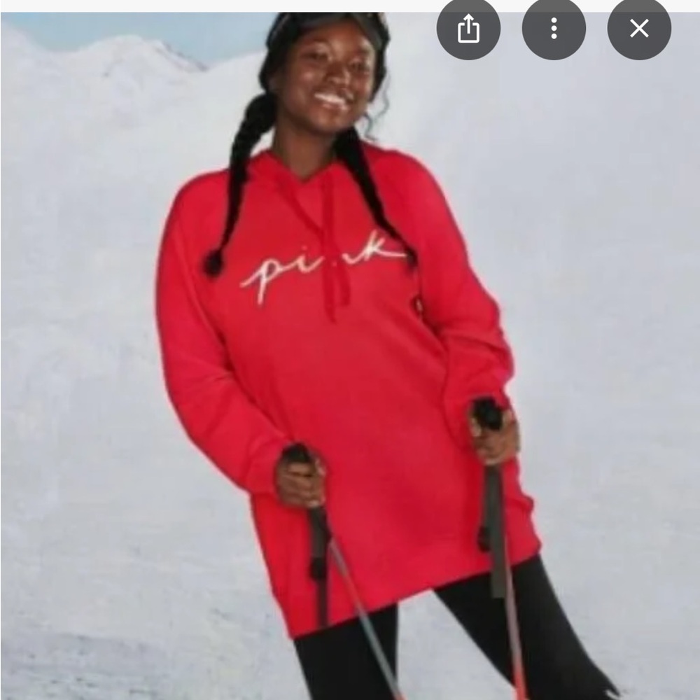 PINK L Victoria's Secret Red Hoodie with Gold Logo oversized long.